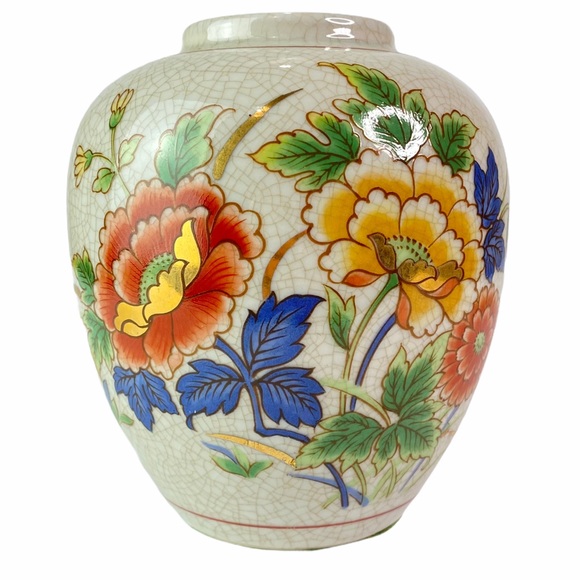 Vintage Gold Trim Floral Japanese Vase White